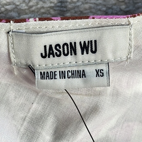 New Jason Wu One Shoulder Puff Sleeve Floral Belted Mini Dress Pink Tan XS - Picture 12 of 13